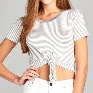 White and Gray Striped Short Sleeve Top Crop Top
